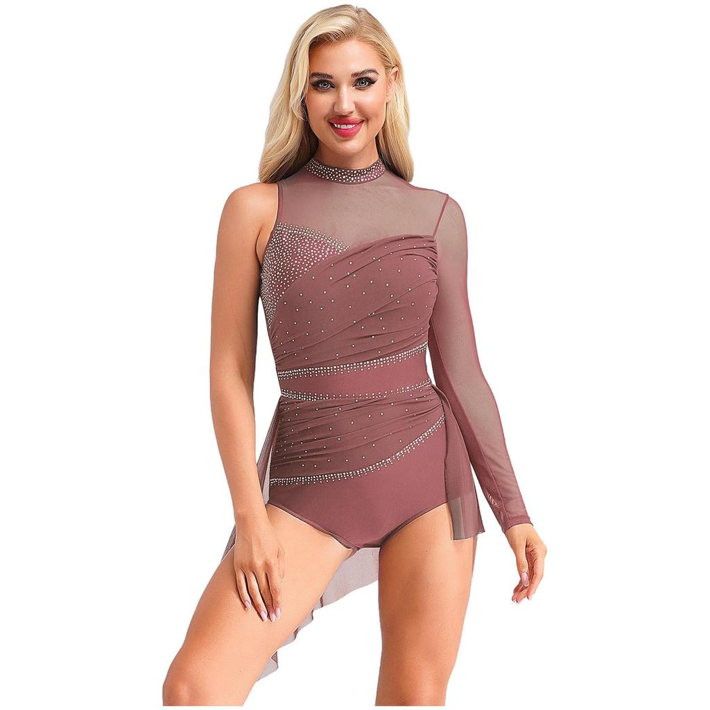 Damen Lyrisches Tanzkostüm Glitzernde Strasssteine Gerafftes Mesh-Overlay Asymmetrischer Rock-Leotard