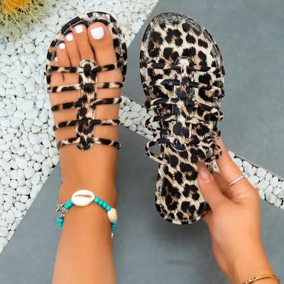 Fashion Women's Slippers Roman Leopard Print Hollow Open Toed Flat Shoes 2024 Summer Fashion Outdoor Leisure Comfortable Women's Sandals