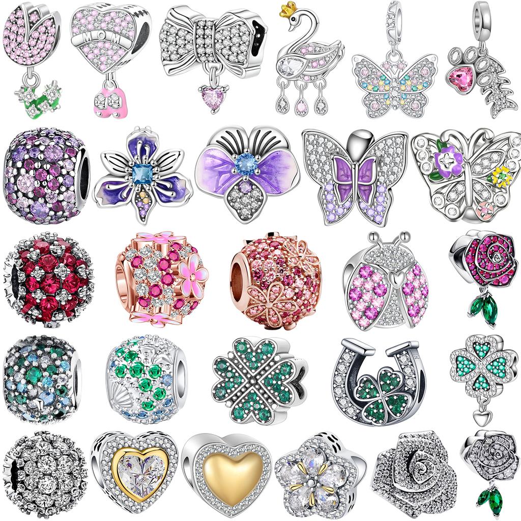 Copper Full Diamond Charms Colorful Heart Blooming Rose Round Beads Pendant Fit Original Bracelets Necklace Jewelry