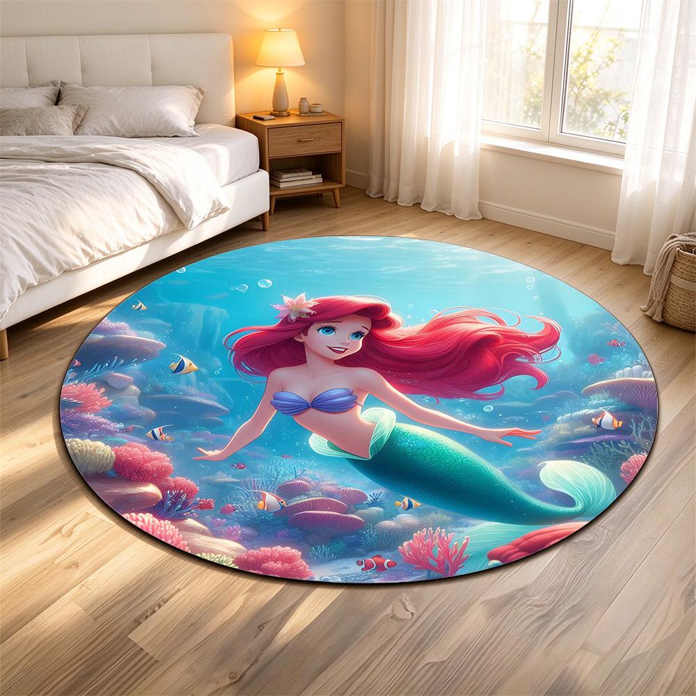 Round Rug Ariel Little Mermaid Underwater Coral Reef Fish Sun Rays Ocean Painterly Movie Fan Living Room Decor