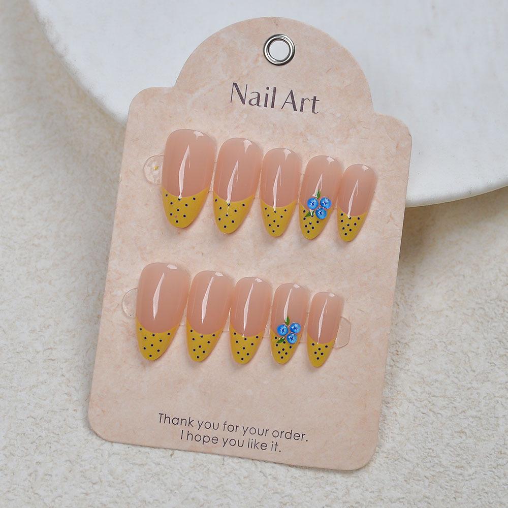 3D Blueberry Polka Dot Almond Shape False Nails - 24 Pcs Sweet Girl Style French Nude Base