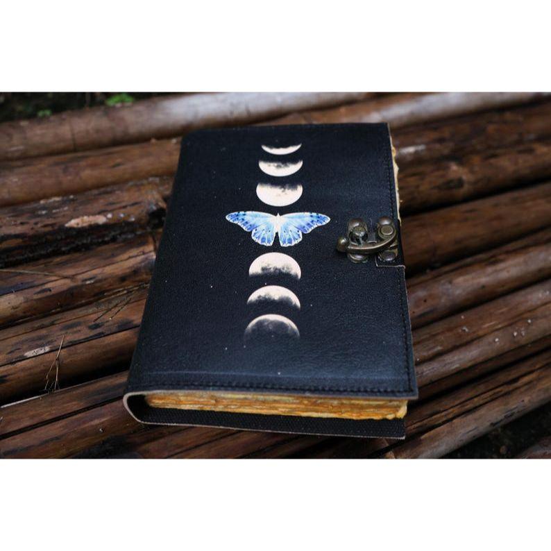 Sun & Moon Handmade Vintage Leather Journal Deckle Edge Paper, Blank Spell Book of Shadows Grimoire Journal, Gift for Him Traveling Book