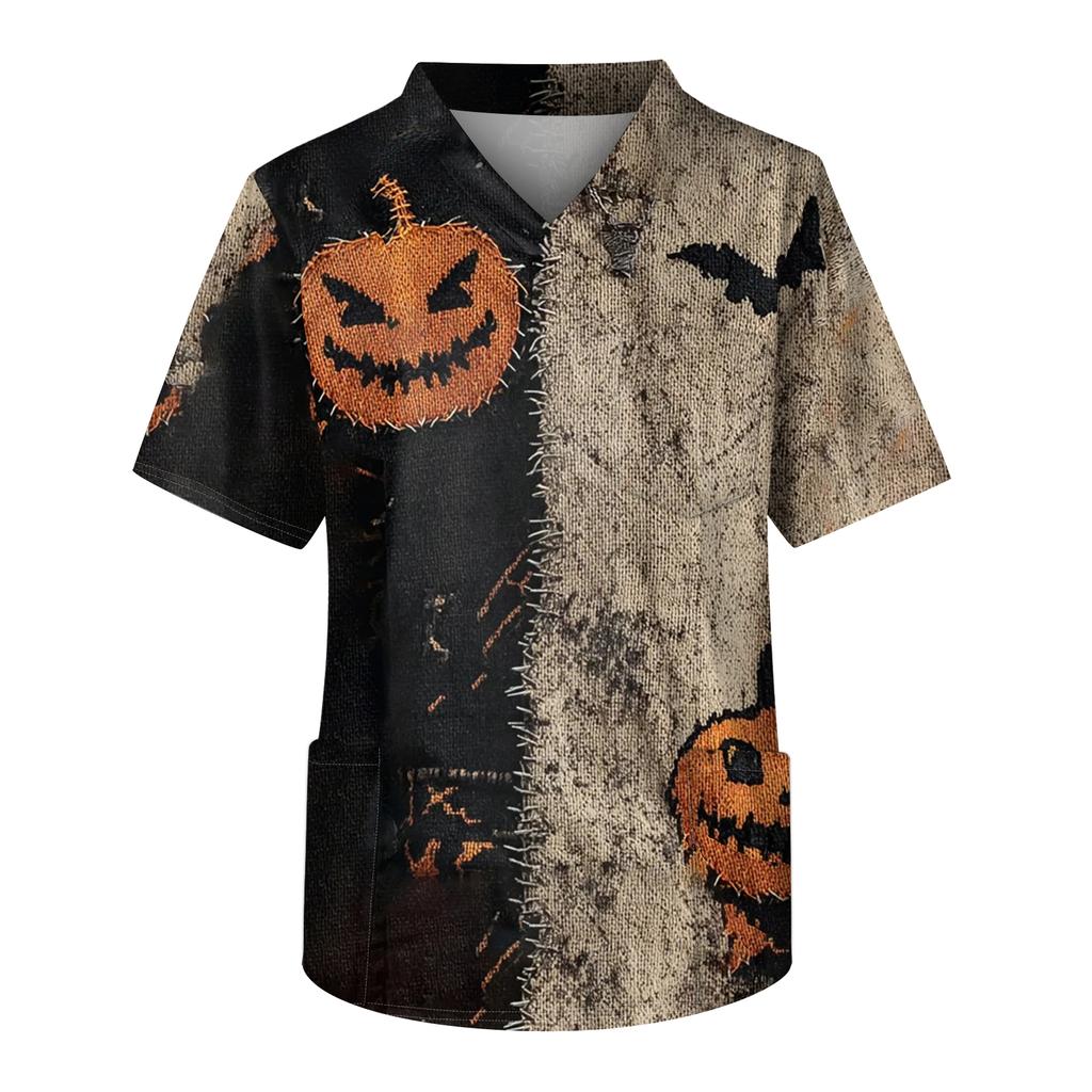 Men's Printing Short Sleeve V-neck Working Blouse Chest Pocket Carer Top