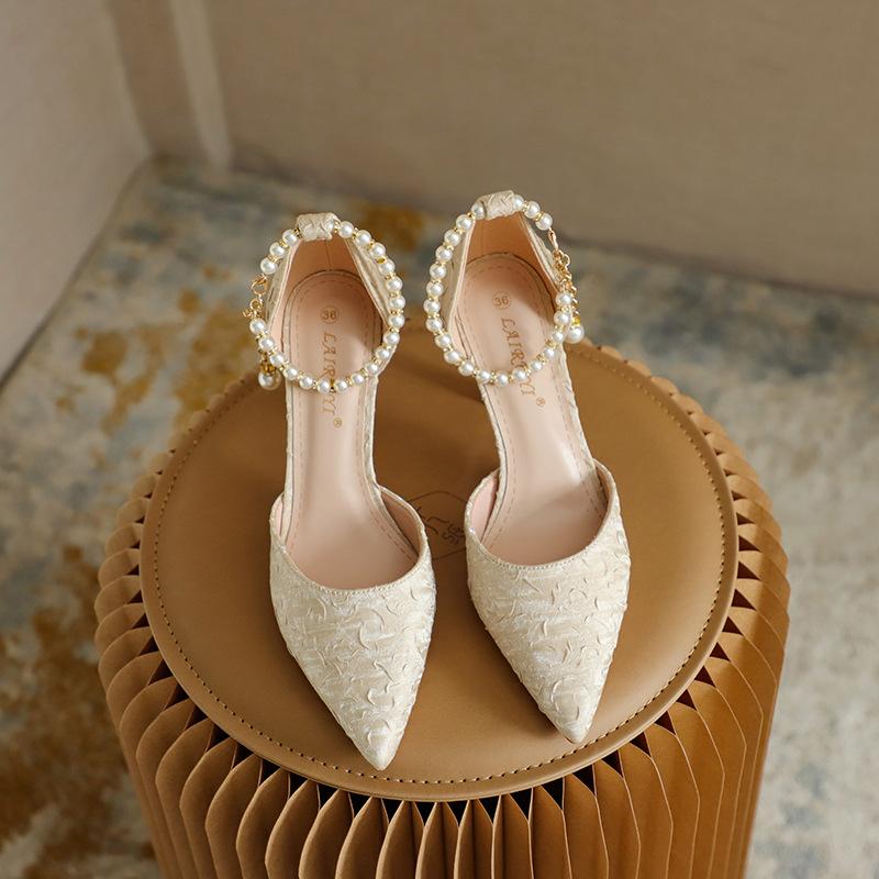 Women High Heeled Sandals Beads Hollow Shoes Pointed Head Shallow Mouth Stiletto High Heels Single Shoes Women Banquet Shoes