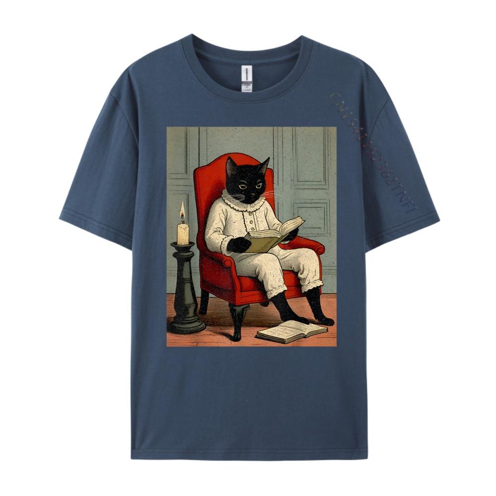 Funny Black Cat Reading A Book Fall Clothes Aesthetic Men's T-Shirts Loose