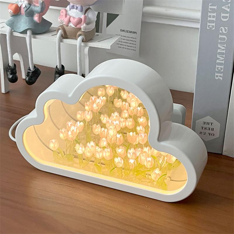 DIY Tulip Lamp Tulips Mirror Lamp Cloud Tulip Night Light Birthday Gift LED Flower Lamp Bedroom Decor