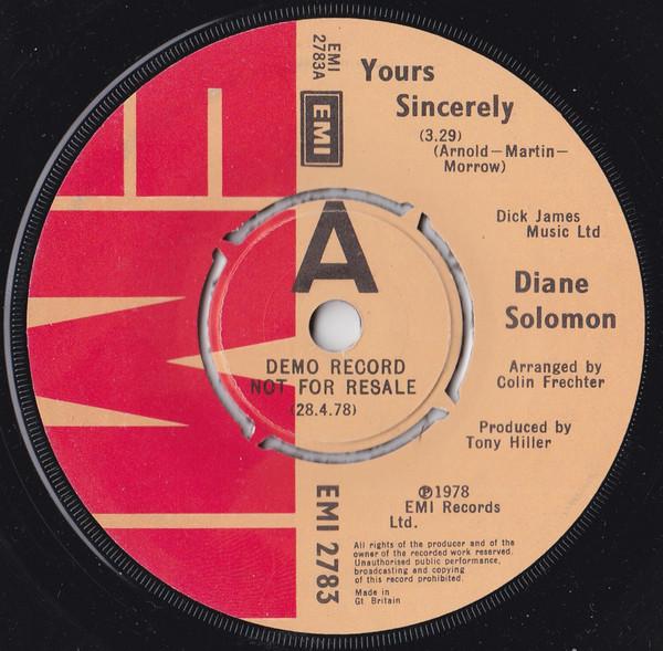 

7inch Record DIANE SOLOMON Yours Sincerely EMI2783PROMO EMI 1978 UK Pop Used