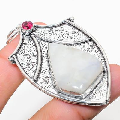 Natürlicher Regenbogen-Mondstein, Rubillit 925 Sterling Silber Anhänger 2,76" O3L16