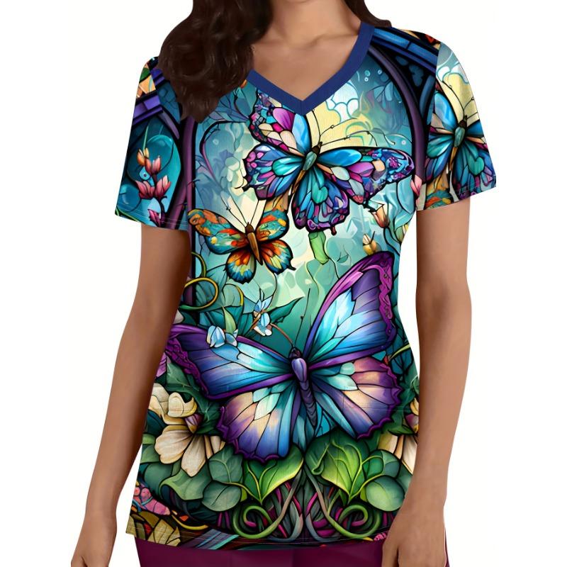 Fashion Butterfly Pattern 3D Print V-neck Top Women's Clothing