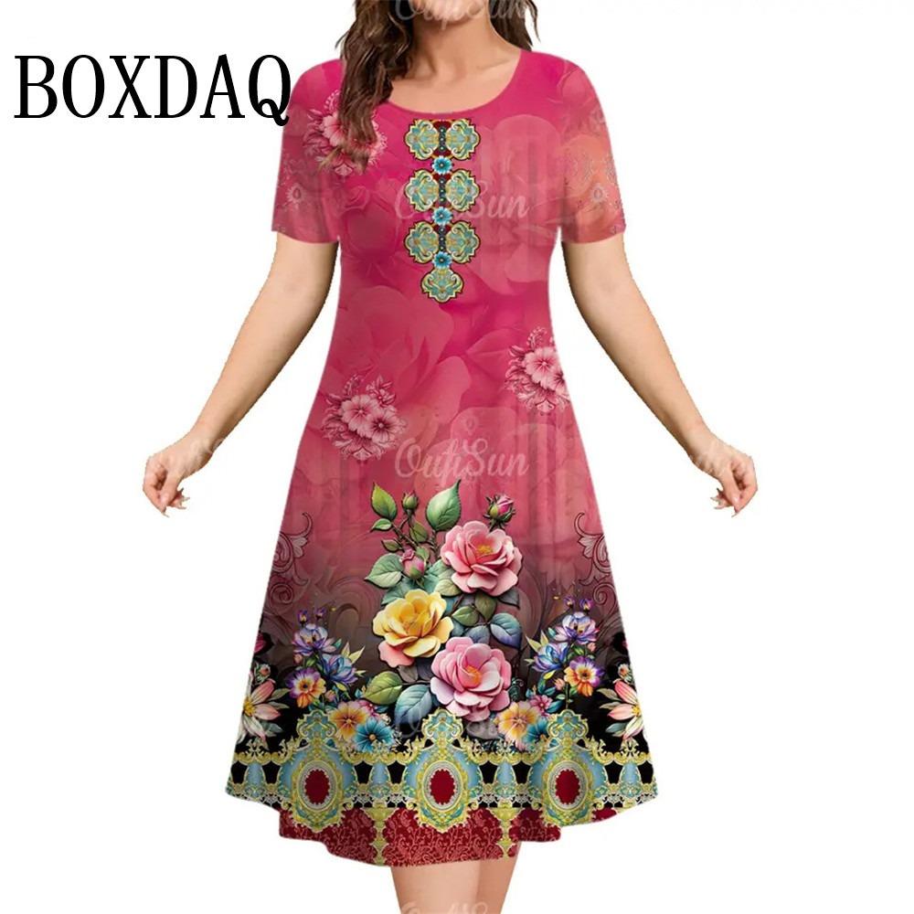 Summer Women Dresses Ethnic Fashion Plus Size Dresses Short Sleeve Elegant Loose Retro Ladies Dresses Casual 3D Printed Clothing
