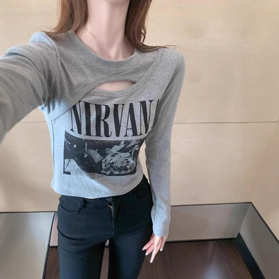 

Женская облегающая футболка-двойка с длинным рукавом - корейский стиль, идеально подходит для весны/осени, модный короткий дизайн L серый