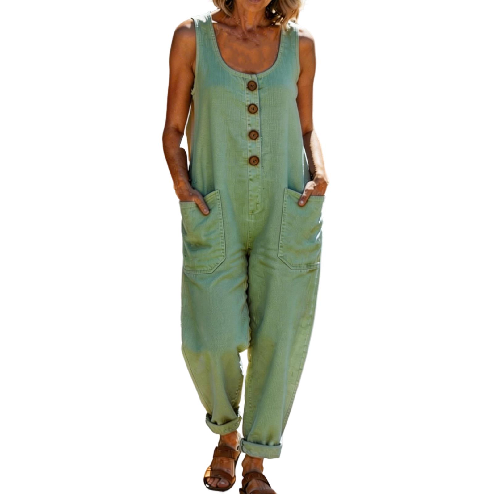 

Ladies Casual Sleeveless Loose Pocket Overalls Jumpsuit L зелёный