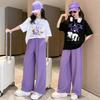 Girls Summer Casual Wide-leg Pants Suit Summer Clothes Medium and Large Children's Sports Two-piece Suit