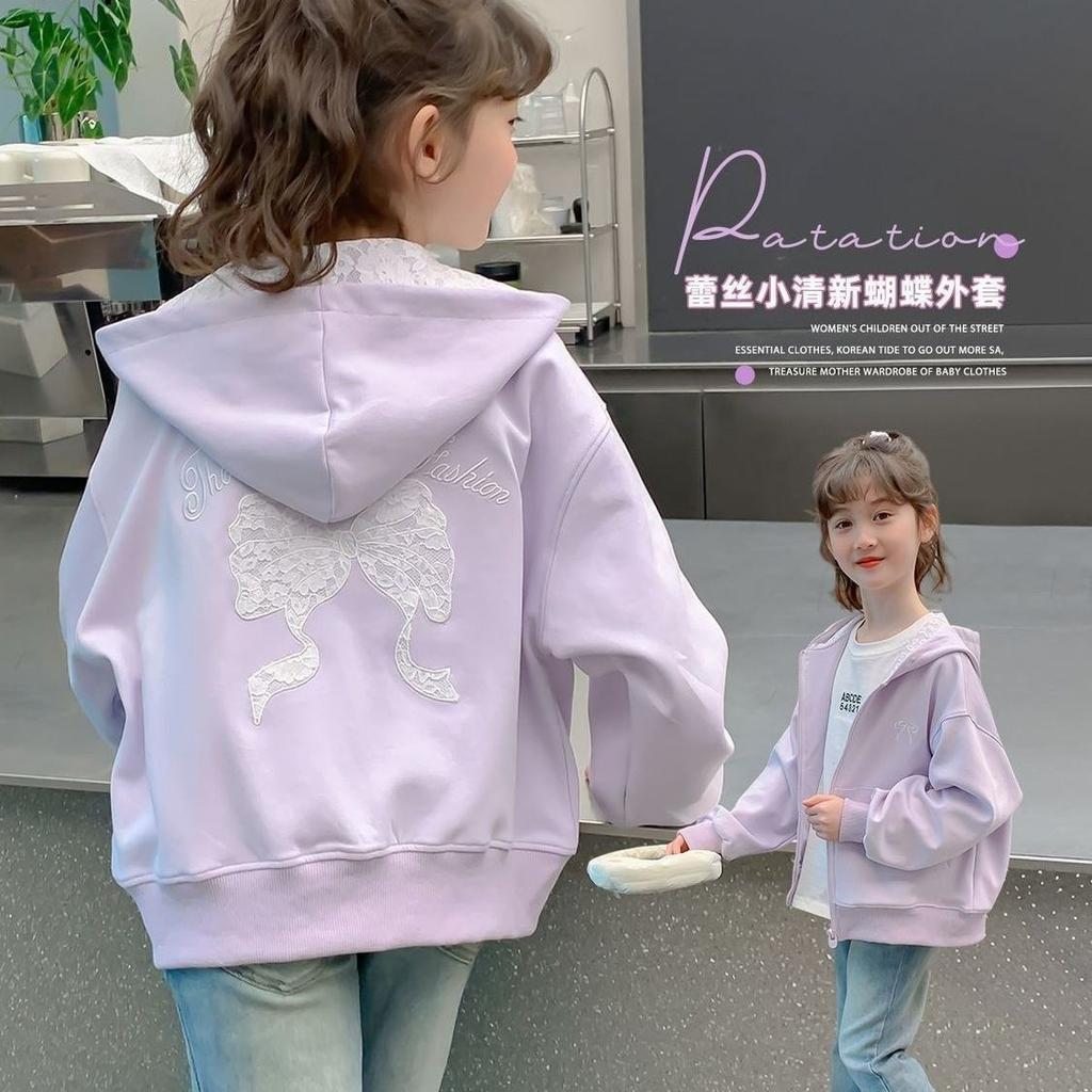 Girls Autumn Hooded Zip Up Jacket with Lace Bow Detail Loose Fit