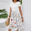 Women's Casual Fashion Belted Floral Print Short Sleeve Round Neck Elegant Dress