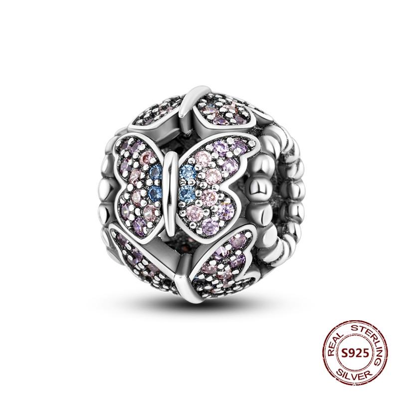 Butterfly Charm copper Authentic Pink Blue Zircon Fly Butterflies Safety Chain Clip Charm Bead Charms Compatible With Bracelets Do It Yourself Jewelle