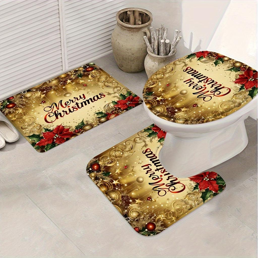 4Pcs Bathroom Shower Curtain Set Winter Christmas Bell Pattern Bathroom Curtain With 12 Hooks Non Slip Rugs Toilet Cover Mat Bathroom Partition