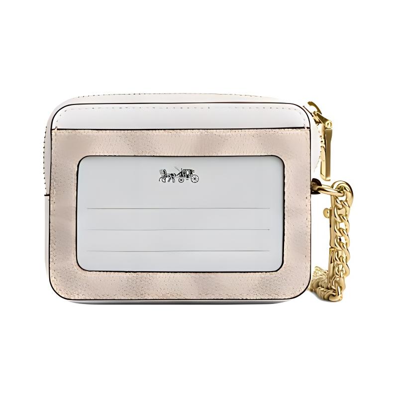 Coach Card Holder Zip Top Case 8 Brand Logo Metal Zipper Closure Artificial Leather and Recycled Leather Women's Sand Sand Yellow and Chalk White