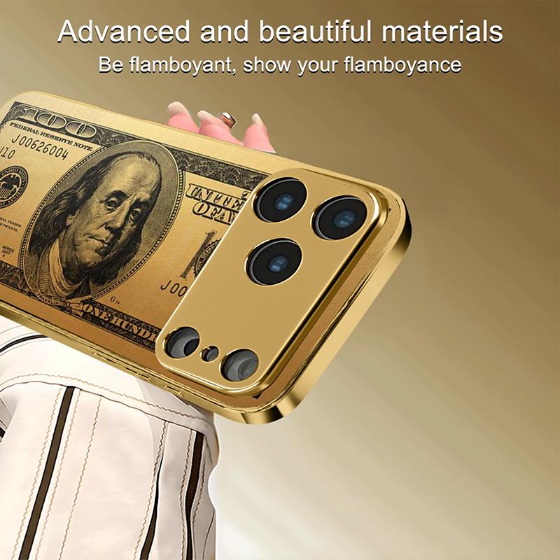 Personalized Banknotes Pattern Gold Metallic Paint Glass Phone Case For iPhone 17 Pro Max 11 12 13 14 15 16 Plus 17Air 16E Cover
