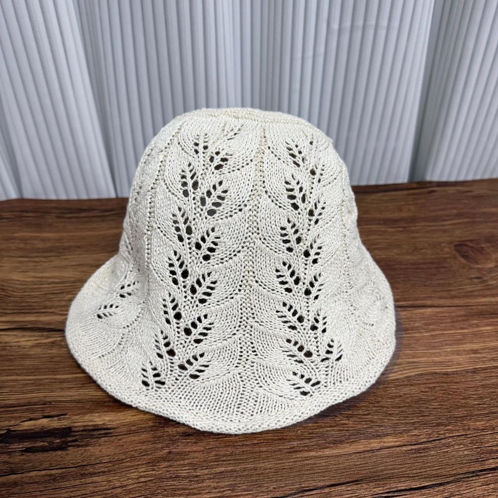 Retro Häkel-Eimerhut mit Lochmuster Sonnenschutz Einfarbige Schirmmütze Weicher verstellbarer gestrickter Fischerhut