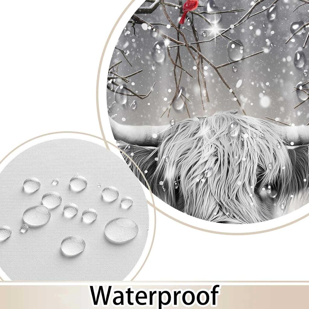 Christmas Shower Curtain Set, Farmhouse Funny Western Cow Fabric Shower Curtains, Merry Christmas Winter Forest Snow Pine Tree