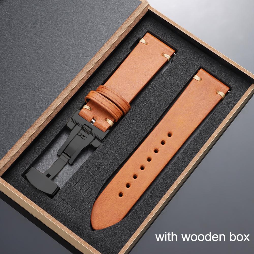 20mm 22mm Handmade Stitching Cowhide Strap with Box 18/19/21mm Matte Leather Watch Band Butterfly Buckle Soft Business Wristband