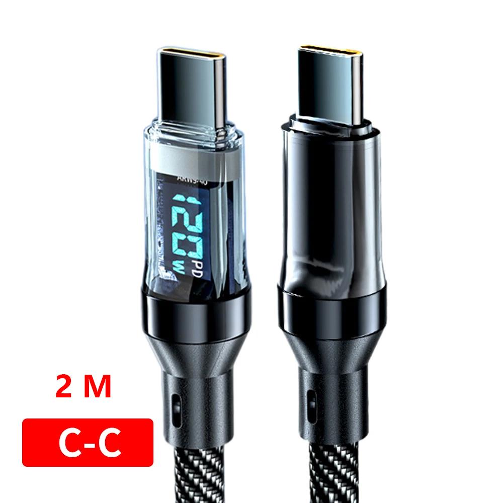 120W 6A USB  Type C To Type C Cable  Fast Charging USB USB C  Data Cable with LED Display for Xiaomi Samsung Huawei