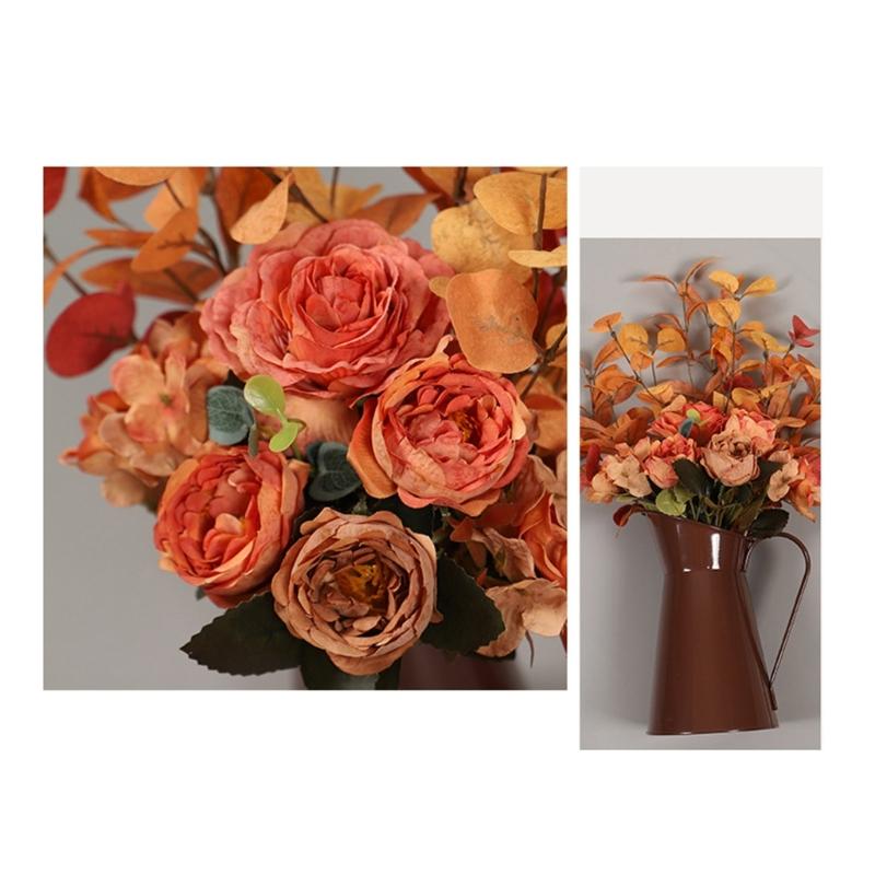 Artificial Rose Flower In Iron Bucket Artificial Leaf Plant Thanksgiving Table Centerpieces Decoration for Weddding