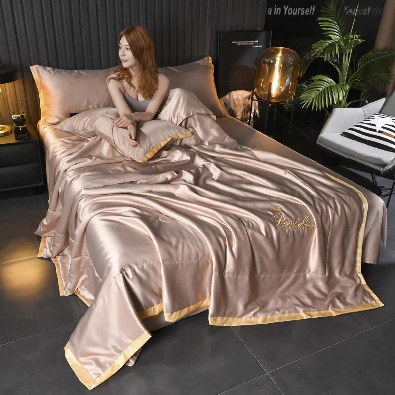 Luxury Ice Silk Summer Blanket 4/3/1 Pcs Embroidery Silky Cool Feel Quilt Set or 1 Quilts Breathable Air Conditioning Comforter