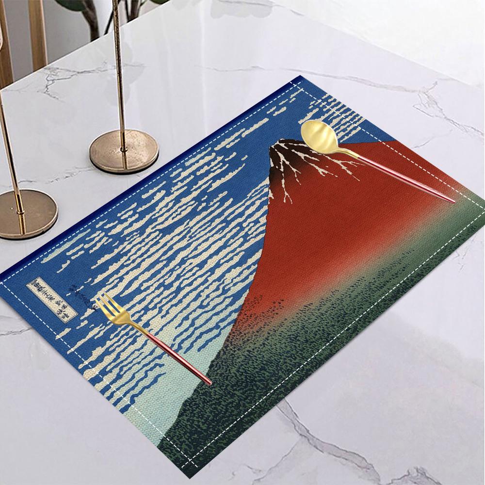 Japansk Ukiyo-e Stil Linne Dukunderlägg Halkfria Bordsunderlägg Rektangulära Halkfria Matsalsbord för Kök Heminredning Viktiga Tillbehör