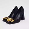 Vintage Elegant Women's Pumps Black Suede Leather Square Toe Block Heel, Gold Metal Flower Buckle Office Party Dress Shoes