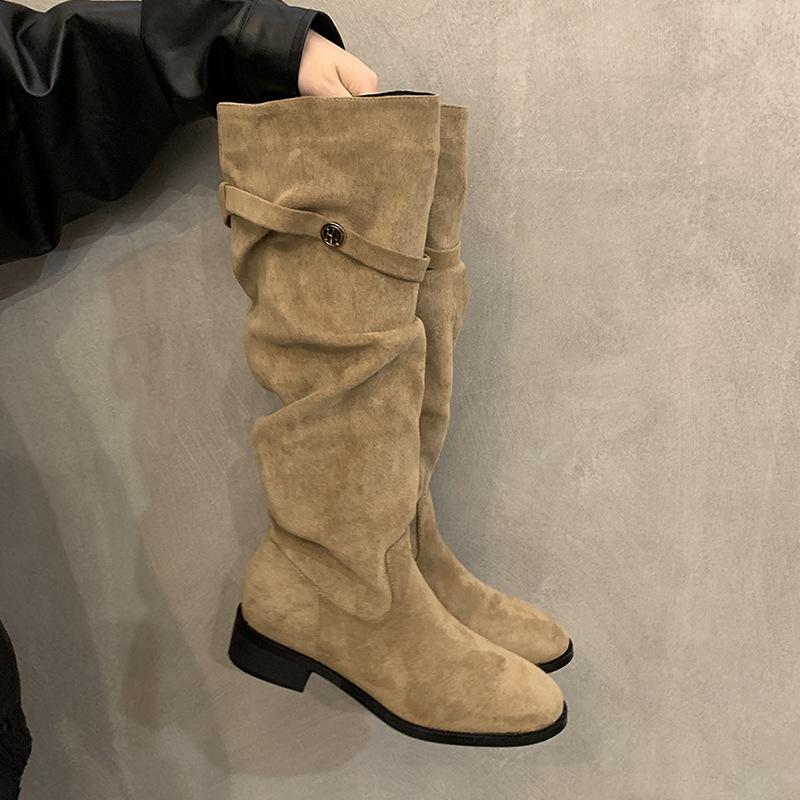French Apricot Suede Piled Boots Women's Shoes 2025 New Spring and Autumn Winter Long Boots High Heel Khaki