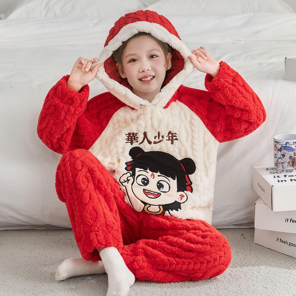 Kids Flannel Pajamas Set Boys Girls Warm Long Sleeve Top And Pants Sleepwear Winter Home Nightwear