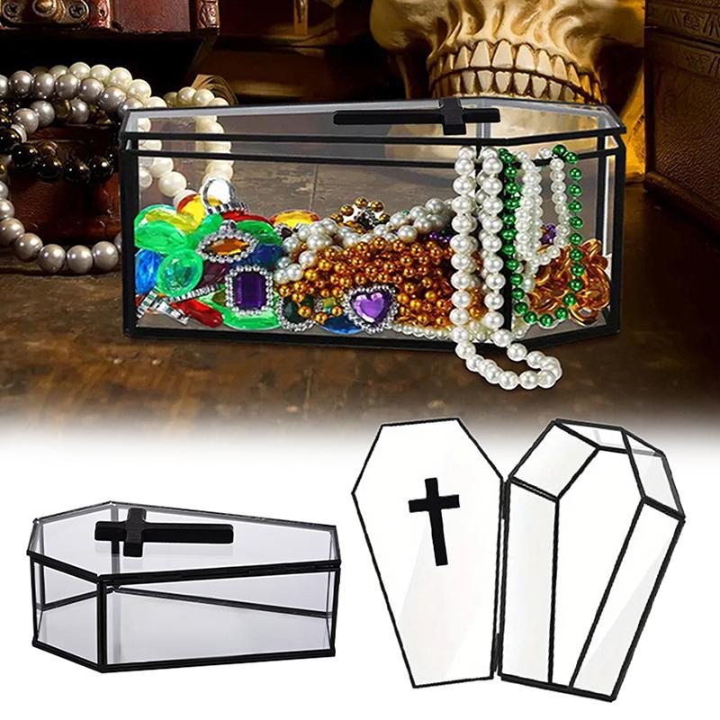 Halloween Cross Glass Coffin Box Gothic Jewelry Box With Lid Decorative Display Box Candy Storage Case Mini Vampire Treat Holder