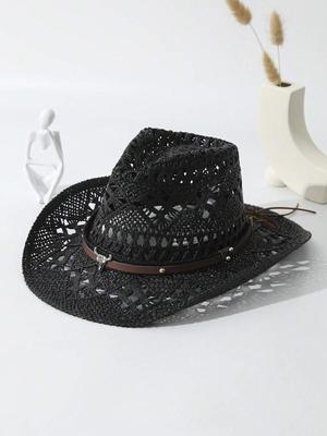 Unisex Black Straw Cowboy Hat With Cattle Head Decor Wide Brim Hollow Out Sun Hat For Summer Beach Travel