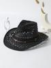 Unisex Black Straw Cowboy Hat With Cattle Head Decor Wide Brim Hollow Out Sun Hat For Summer Beach Travel