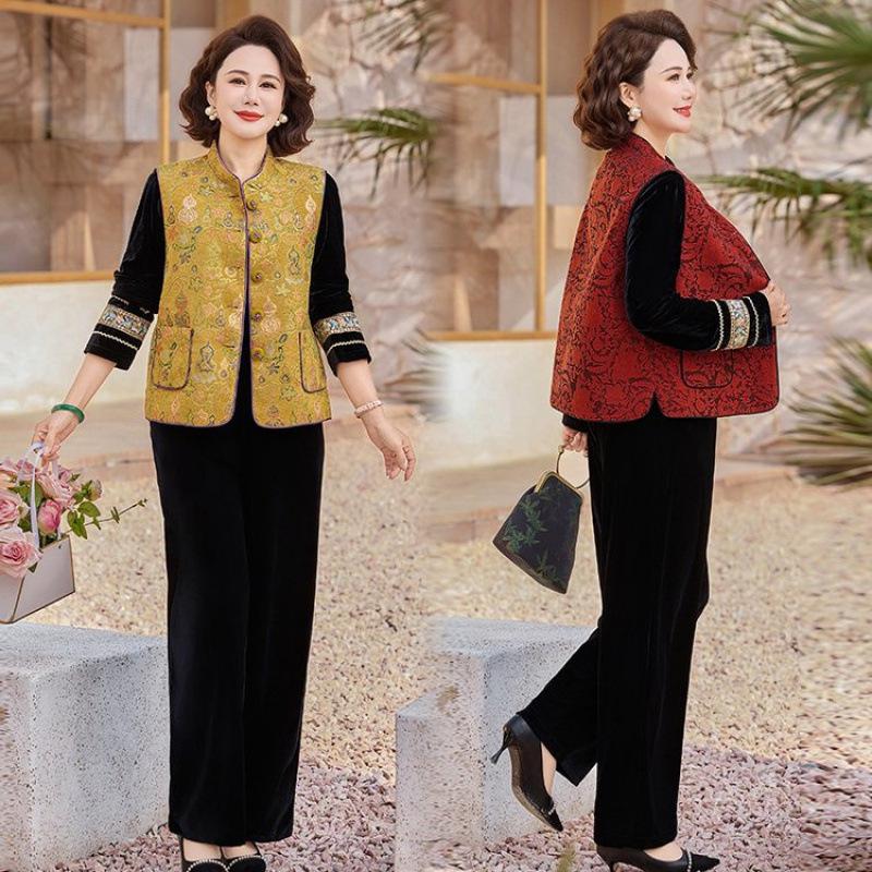 Elegant Spring/Autumn Three-Piece Tang Suit Set for Middle-Aged Women - Includes Vest, Top, and Jacket