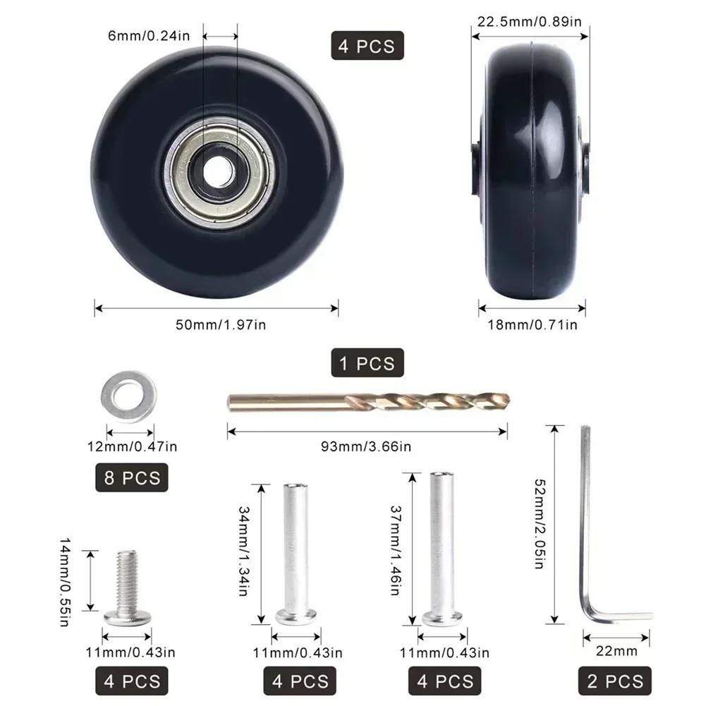 Replacement Luggage Wheel Kit with 50mm Wheels Precision Ball Bearings and 4 Swivel Casters for Improved Suitcase Stability