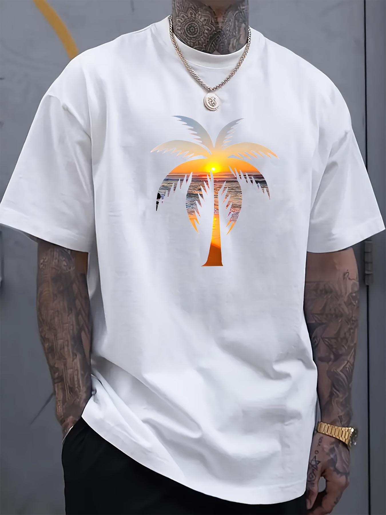 Mens summer casual cotton Tshirt with sunset coconut tree graphic crew neck short sleeves slight stretch regular fit S