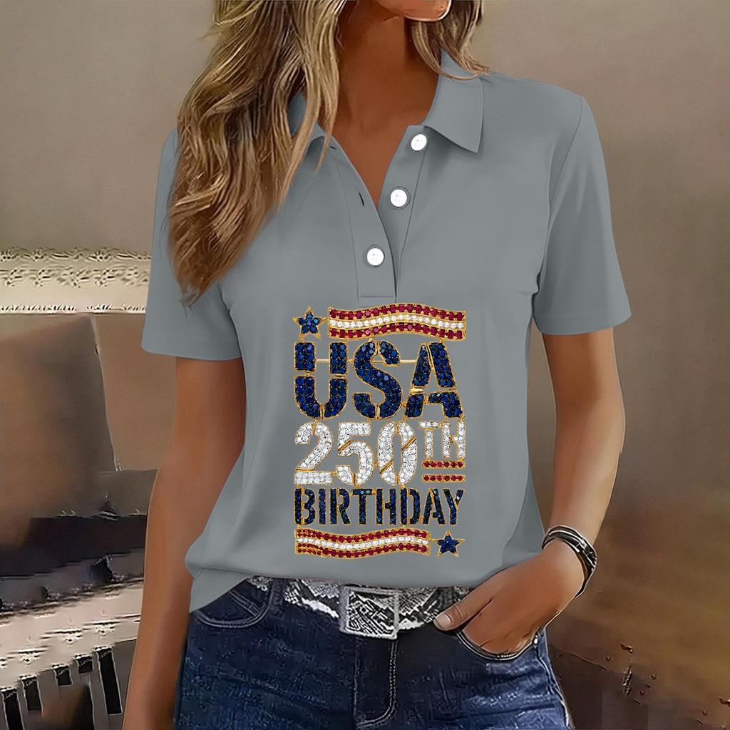 Women's Casual Short Sleeve Button Polo Shirt USA 250th Anniversary Print Relaxed Fit Lightweight Summer Top