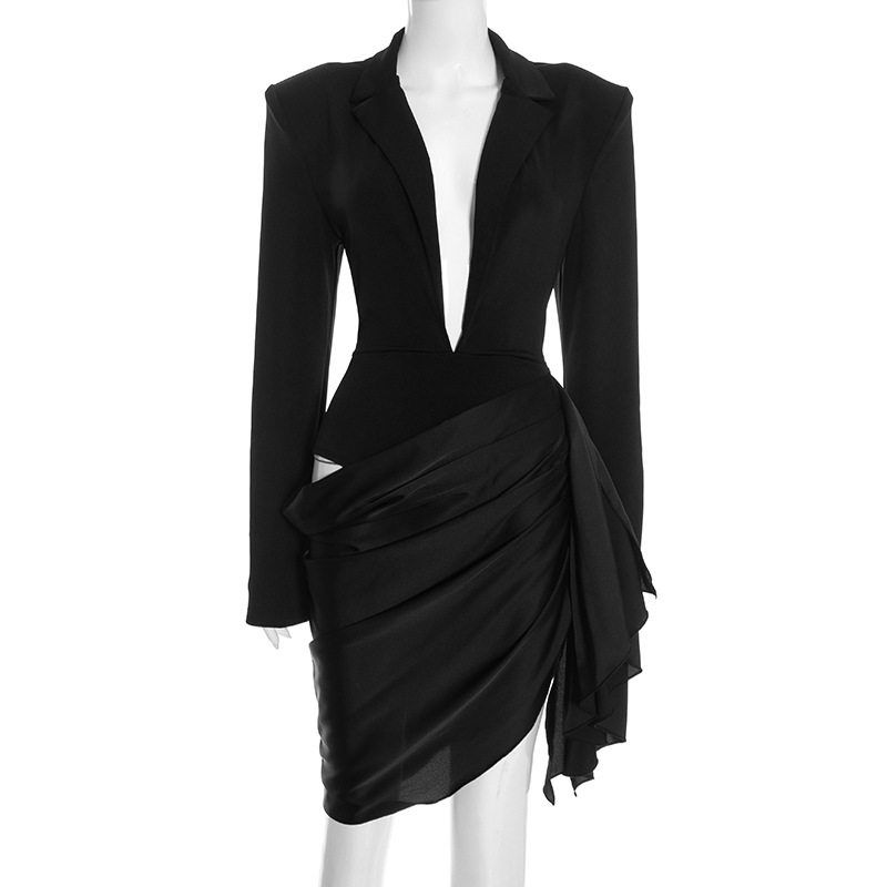 

Cross-Border European and American Women s Fashion New Style Elegant Solid Color Sexy Deep V-Neck Pleated Long-Sleeve Waist-Cinching Blazer Dress Black S
