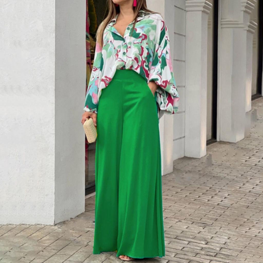 Elegant Women's Printed Shirt Fashion Casual Suit with Wide Leg Pants