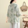 Women's Chinese Style Linen Blend Blouse Floral Print V-neck Half Sleeve Loose Casual Top
