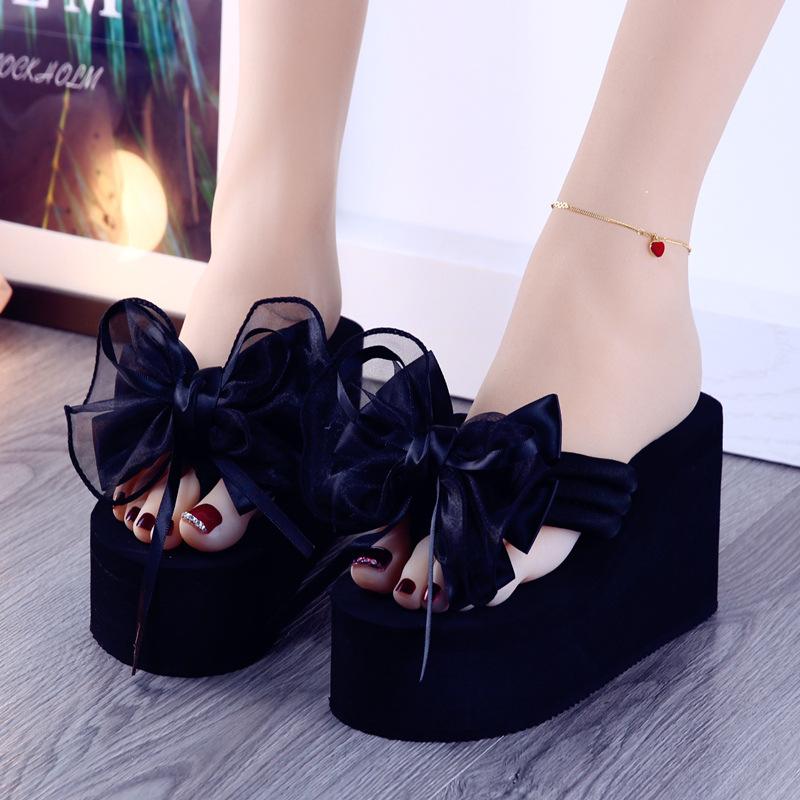 Fashion Women's 8CM Slope Heel Slippers Thick Bottom Increased Bow Casual Non slip Slippers Summer High Heels Pinch Foot Beach Slippers