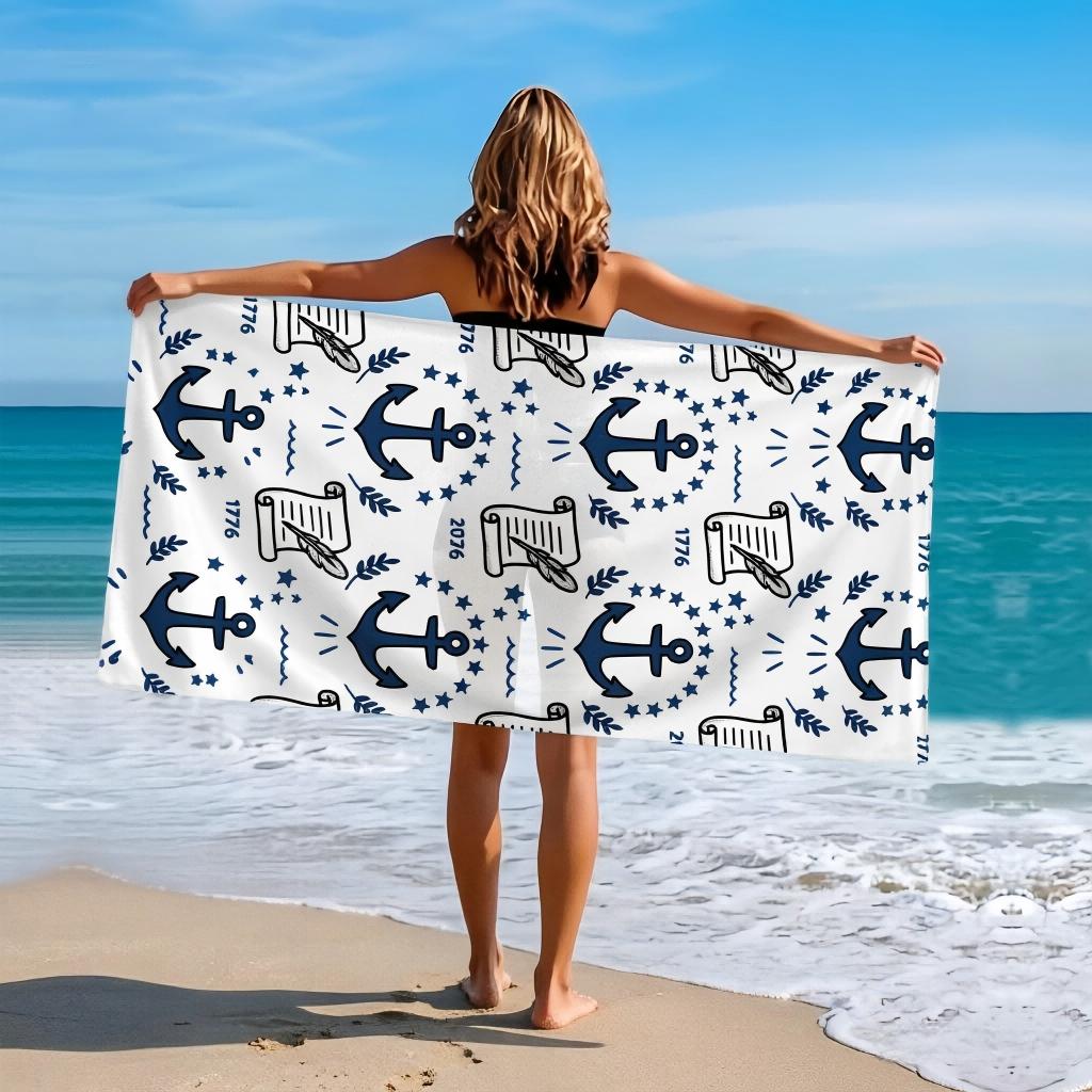 Nautical 1776 Anchor Pattern Beach Towel, Soft Microfiber Quick Dry Towel, Absorbent Towel for Swimming Travel Camping