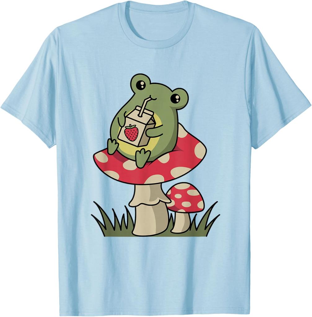Cottagecore Frog Drinking Strawberry Milk Mushroom Graphic Tee Soft Casual Cotton T-Shirt for Unisex