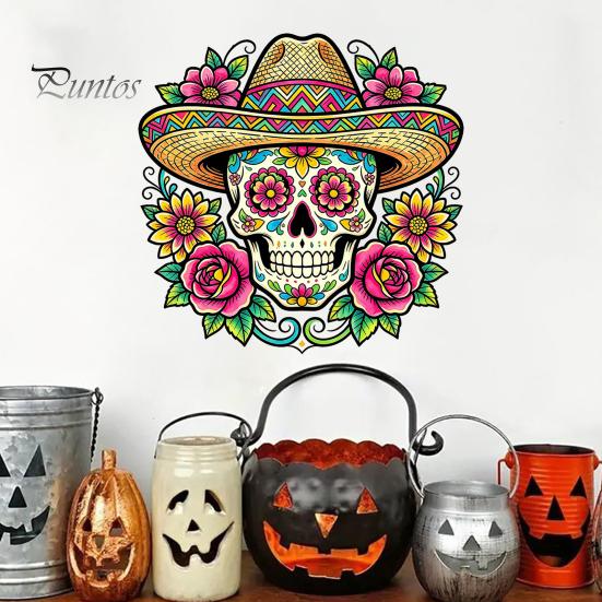 Durable Sunproof Window Stickers Flower Skull Wall Sticker, Day of The Dead Decorative Decals, Waterproof PVC Removable for Windows Glass Doors