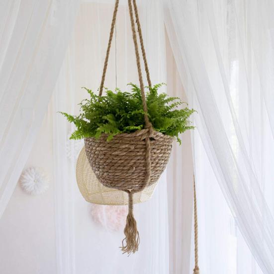 Straw Woven Basket Portable Suspended Wall Hanging Flower Plant Suspension Basket for Balcony