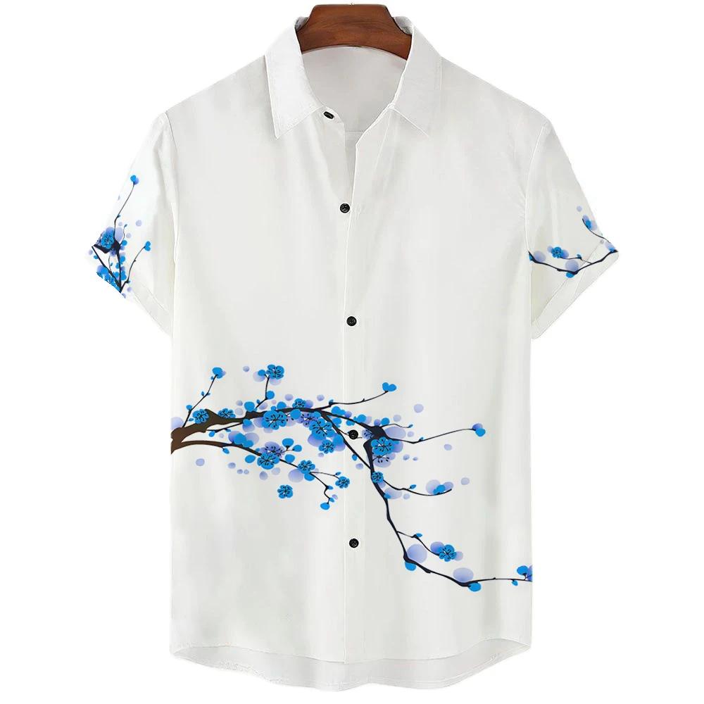 Japanese Aesthetic Cherry Blossom Print Men's Shirt Fashionable Luxury Lapel Button-down Shirt Casual Short-sleeved Tops