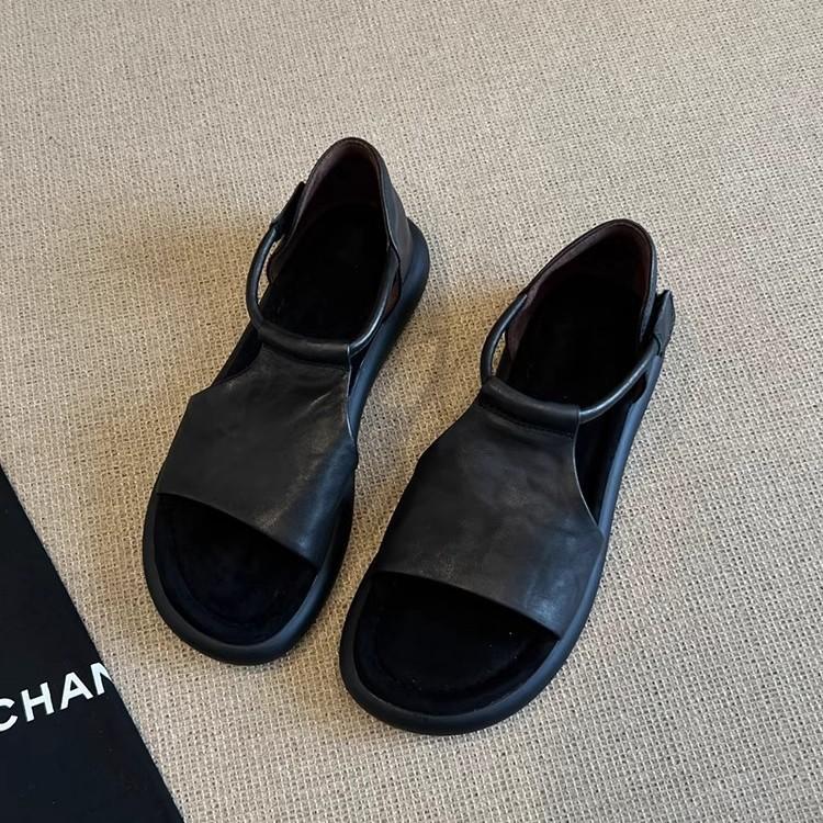 Soft leather version~ retro casual hollowed-out open-toed sandals women's summer new versatile soft-soled heightening Roman shoes